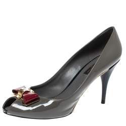 Pre Owned Louis Vuitton Grey/Green Patent Leather Lou Peep Toe Pumps Size 39