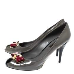 Pre Owned Louis Vuitton Grey/Green Patent Leather Lou Peep Toe Pumps Size 39