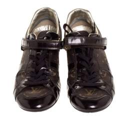 Louis Vuitton Brown Patent Leather And Monogram Canvas Lace Up Sneakers Size 38