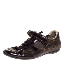 Louis Vuitton Brown Patent Leather And Monogram Canvas Lace Up Sneakers Size 38