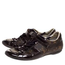 Louis Vuitton Brown Patent Leather And Monogram Canvas Lace Up Sneakers Size 38