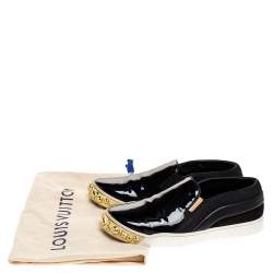 Louis Vuitton Black Patent And Leather Gold Studded Tempo Slip On Sneakers Size 35.5