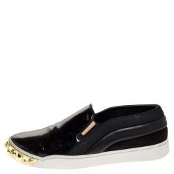 Louis Vuitton Black Patent And Leather Gold Studded Tempo Slip On Sneakers Size 35.5