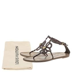 Pre Owned Louis Vuitton Brown Leather Fidji Thong Ankle Strap Sandals Size 40