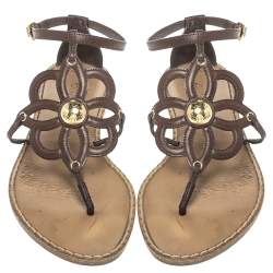Pre Owned Louis Vuitton Brown Leather Fidji Thong Ankle Strap Sandals Size 40