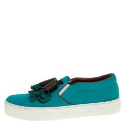 Louis Vuitton Turquoise Canvas and Monogram Canvas Tassel Destination Slip On Sneakers Size 39