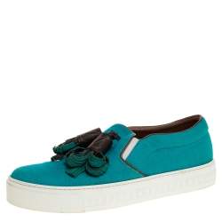 Louis Vuitton Turquoise Canvas and Monogram Canvas Tassel Destination Slip On Sneakers Size 39