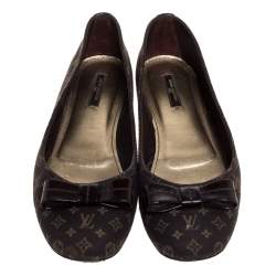 مملوكة مسبقًا Louis Vuitton Brown Mini Lin Monogram Canvas And Patent Bow Grenadine Ballet Flat Size 40.5