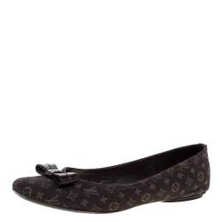مملوكة مسبقًا Louis Vuitton Brown Mini Lin Monogram Canvas And Patent Bow Grenadine Ballet Flat Size 40.5
