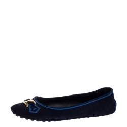 Pre Owned Louis Vuitton Navy Blue Suede Leather Logo Ballet Flats Size 39