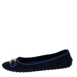 Pre Owned Louis Vuitton Navy Blue Suede Leather Logo Ballet Flats Size 39