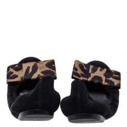 Louis Vuitton Black Suede Leopard Print Fabric Bow 'Mimi' Ballerina Flats Size 37.5
