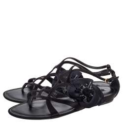 Pre Owned Louis Vuitton Black Satin Flower Detail Flat Sandals Size 41