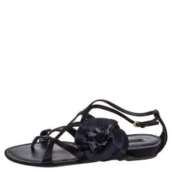 Pre Owned Louis Vuitton Black Satin Flower Detail Flat Sandals Size 41