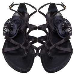 Pre Owned Louis Vuitton Black Satin Flower Detail Flat Sandals Size 41