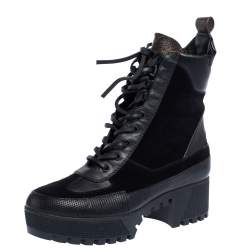 Pre Owned Louis Vuitton Black/Brown Suede, Monogram Canvas And Leather Laureate Platform Desert Ankle Boots Size 38