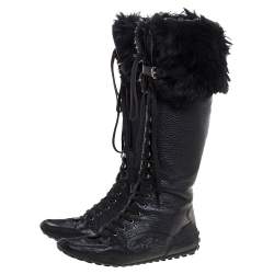 Pre Owned Louis Vuitton Black Leather And Fur Trim Mid Calf Lace Up Boots Size 41