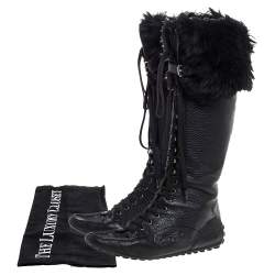 Pre Owned Louis Vuitton Black Leather And Fur Trim Mid Calf Lace Up Boots Size 41