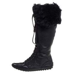 Pre Owned Louis Vuitton Black Leather And Fur Trim Mid Calf Lace Up Boots Size 41