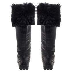 Pre Owned Louis Vuitton Black Leather And Fur Trim Mid Calf Lace Up Boots Size 41