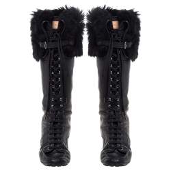 Pre Owned Louis Vuitton Black Leather And Fur Trim Mid Calf Lace Up Boots Size 41
