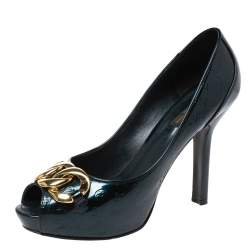 مملوكة مسبقًا Louis Vuitton Green Monogram Vernis Claudia Peep Toe Pumps Size 37.5