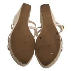 Louis Vuitton Beige Canvas Medallion Leather Detail Espadrille Wedge Platform Sandals Size 37