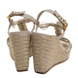 Louis Vuitton Beige Canvas Medallion Leather Detail Espadrille Wedge Platform Sandals Size 37
