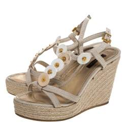 Louis Vuitton Beige Canvas Medallion Leather Detail Espadrille Wedge Platform Sandals Size 37