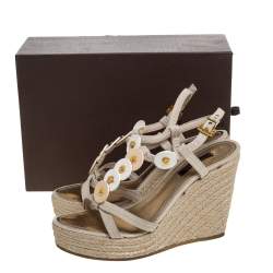 Louis Vuitton Beige Canvas Medallion Leather Detail Espadrille Wedge Platform Sandals Size 37