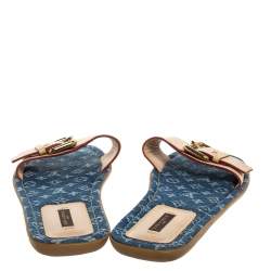 Pre Owned Louis Vuitton Beige Leather and Mini Lin Canvas Slide Flat Sandals Size 40.5