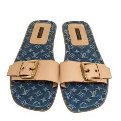 Pre Owned Louis Vuitton Beige Leather and Mini Lin Canvas Slide Flat Sandals Size 40.5