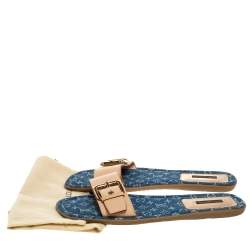 Pre Owned Louis Vuitton Beige Leather and Mini Lin Canvas Slide Flat Sandals Size 40.5
