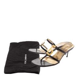 Pre Owned Dolce And Gabbana Black Leather D&G Metal Logo Embellished Thong Kitten Heel Sandals Size 40.5