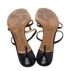 Pre Owned Dolce And Gabbana Black Leather D&G Metal Logo Embellished Thong Kitten Heel Sandals Size 40.5
