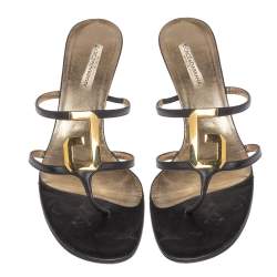 Pre Owned Dolce And Gabbana Black Leather D&G Metal Logo Embellished Thong Kitten Heel Sandals Size 40.5