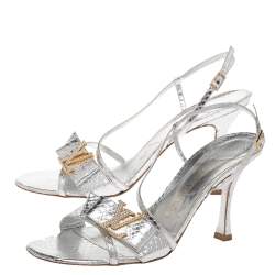 Pre Owned صندل لوي فيتون مزخرف شعار الماركة أل ڨي سير كاحل جلد نقشة الثعبان فضي مقاس 38.5