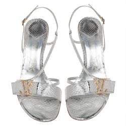 Pre Owned صندل لوي فيتون مزخرف شعار الماركة أل ڨي سير كاحل جلد نقشة الثعبان فضي مقاس 38.5