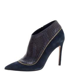 Pre Owned Louis Vuitton Navy Blue Python and Suede Zip Detail Ankle Boots Size 38
