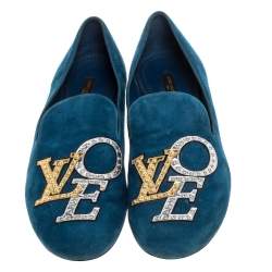 Pre Owned Louis Vuitton Blue Suede Love Loafers Size 39