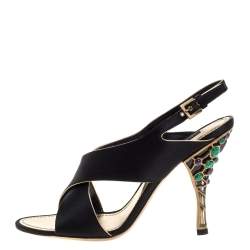 Pre Owned Louis Vuitton Black Satin Cross Strap Embellished Heel Slingback Sandals Size 39