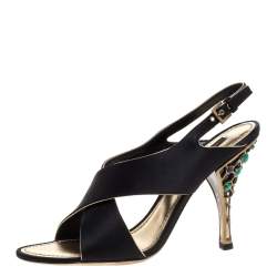 Pre Owned Louis Vuitton Black Satin Cross Strap Embellished Heel Slingback Sandals Size 39
