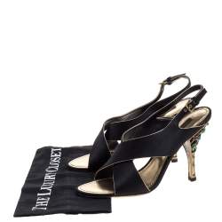 Pre Owned Louis Vuitton Black Satin Cross Strap Embellished Heel Slingback Sandals Size 39