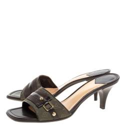 مملوكة مسبقًا Louis Vuitton Vintage Green Canvas And Brown Leather Trim Open Toe Sandals Size 38.5
