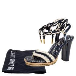Pre Owned Louis Vuitton Blue/Cream Chevron Woven Rope And Patent Ankle Wrap Sandals Size 39.5