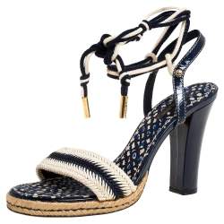 Pre Owned Louis Vuitton Blue/Cream Chevron Woven Rope And Patent Ankle Wrap Sandals Size 39.5