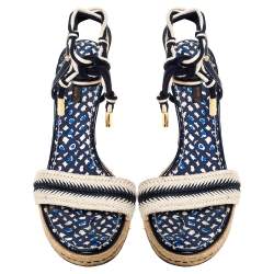 Pre Owned Louis Vuitton Blue/Cream Chevron Woven Rope And Patent Ankle Wrap Sandals Size 39.5