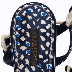 Pre Owned Louis Vuitton Blue/Cream Chevron Woven Rope And Patent Ankle Wrap Sandals Size 39.5