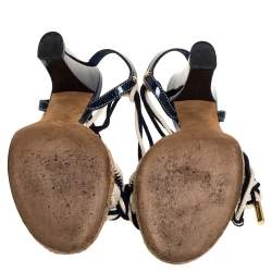 Pre Owned Louis Vuitton Blue/Cream Chevron Woven Rope And Patent Ankle Wrap Sandals Size 39.5