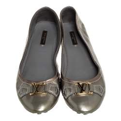 Pre Owned Louis Vuitton Grey Patent Leather Oxford Slip On Ballet Flat Size 39